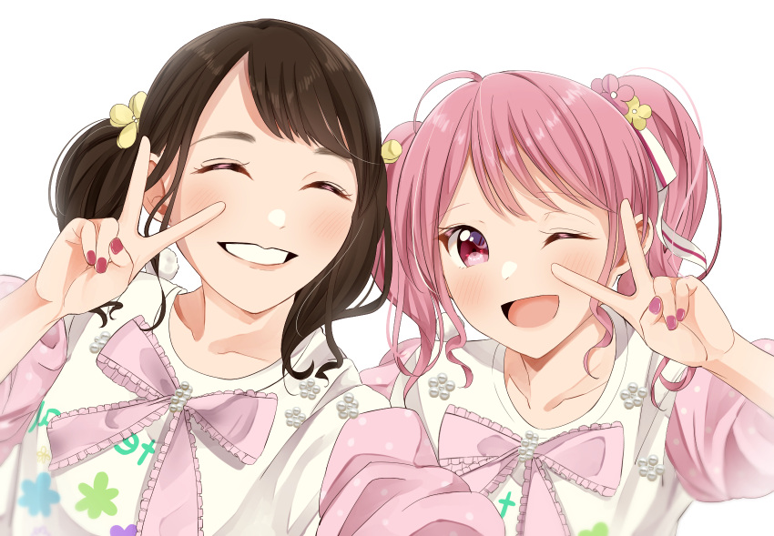 2girls, :d, ;d, bang_dream!, bow, brown_hair, elu_pom, hair_ornament