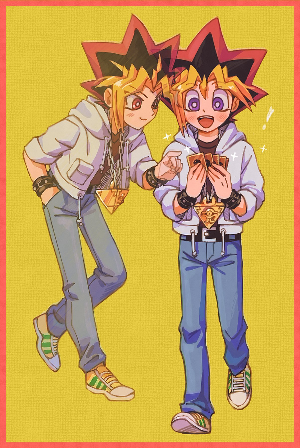 !, 0109h, 2boys, :d, alternate_costume, belt, black_hair, blonde_hair, blush, border, bright_pupils, card, chain, closed_mouth, commentary_request, grey_pants, highres, holding, holding_card, hood, hoodie, korean_commentary, male_focus, millennium_puzzle, multicolored_hair, multiple_boys, mutou_yuugi, open_clothes, open_hoodie, open_mouth, pants, shirt, shoes, smile, sneakers, sparkle, spiky_hair, standing, teeth, tongue, violet_eyes, yami_yuugi, yellow_background, yu-gi-oh!
