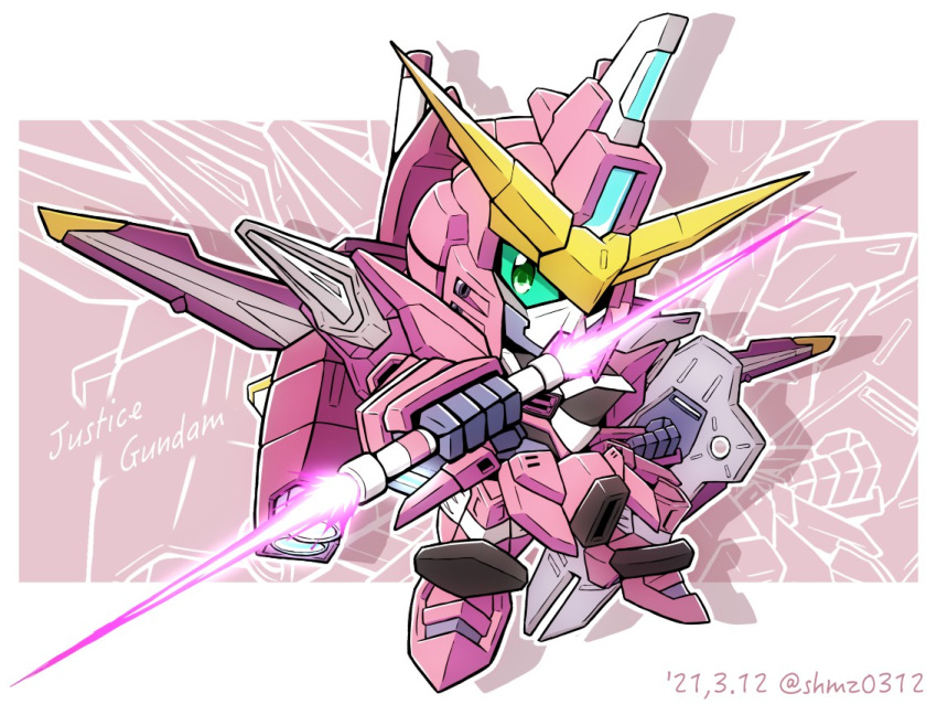 beam_saber, character_name, chibi, clenched_hands, dated, double-blade, floating, gundam, gundam_seed, holding, holding_shield, holding_weapon, justice_gundam, mecha, mobile_suit, science_fiction, shield, shokkaa_(shmz61312), solo, twitter_username, v-fin, weapon, zoom_layer