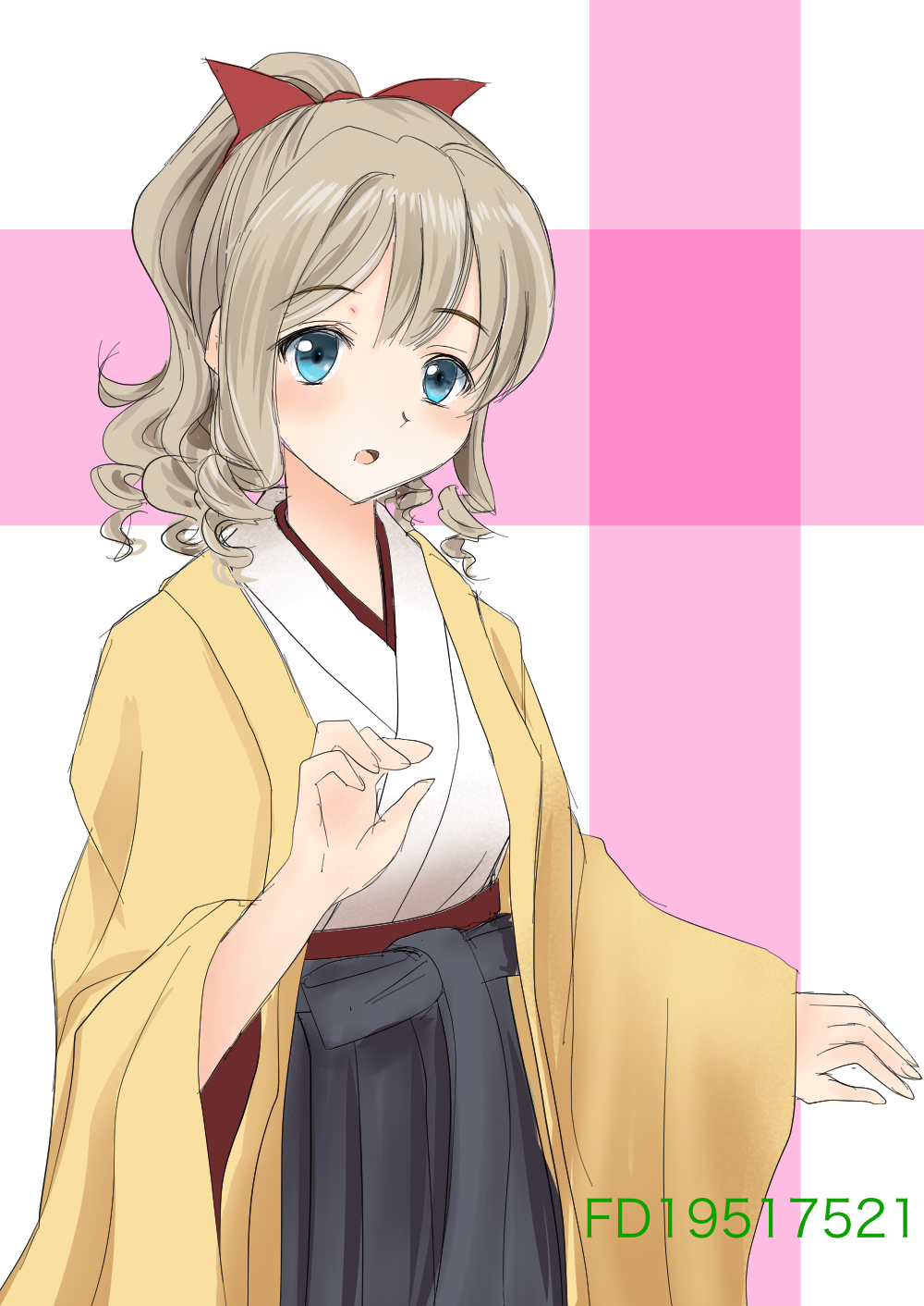 1girl, black_hakama, blue_eyes, brown_hair, coat, commentary_request, drill_hair, fd_(fd_sanmaru)