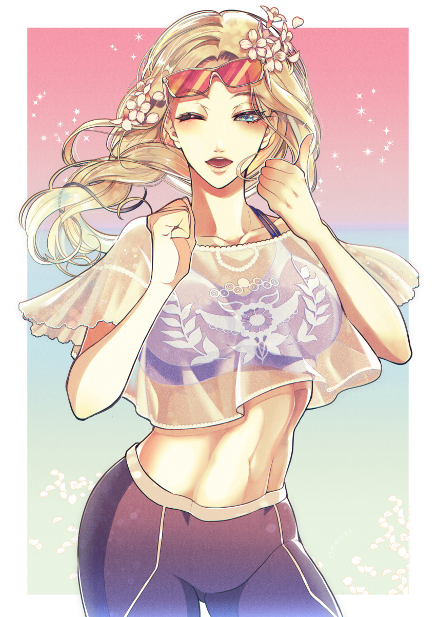 1girl, ;d, absurdres, bangs, blonde_hair, blue_background, blue_eyes, braid