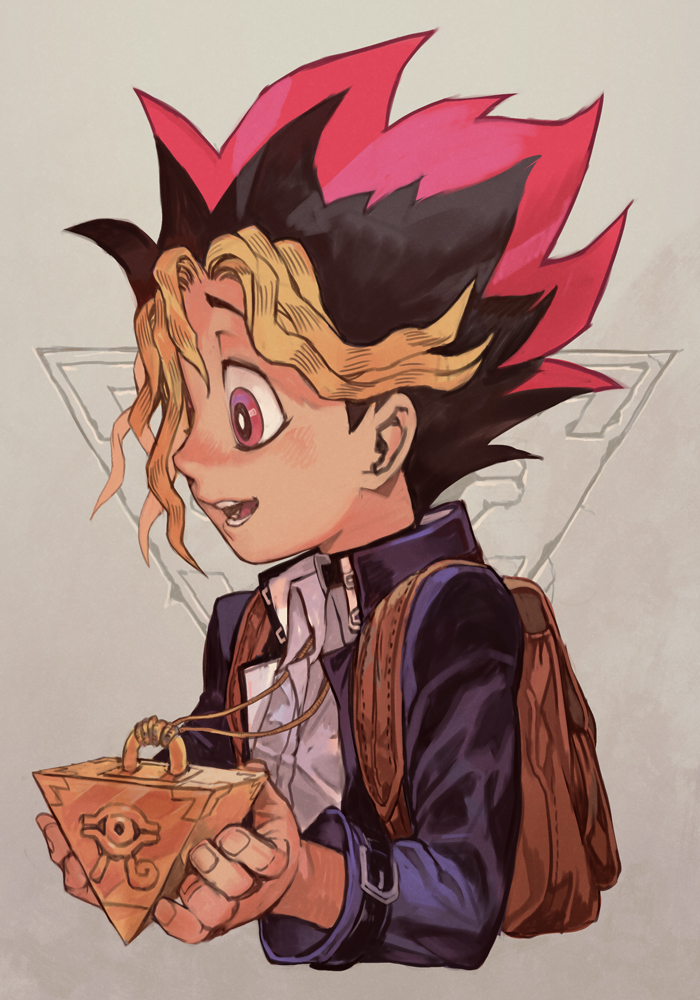 1boy, backpack, bag, belt, black_hair, blonde_hair, blue_jacket, collared_shirt