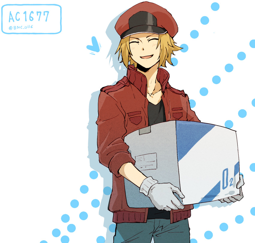 1boy, ac-1677, banchii, black_shirt, blonde_hair, blue_pants, box, cabbie_hat, character_name, closed_eyes, cowboy_shot, gloves, hat, hataraku_saibou, hataraku_saibou_black, heart, highres, holding, holding_box, jacket, pants, red_headwear, red_jacket, shirt, simple_background, standing, white_gloves