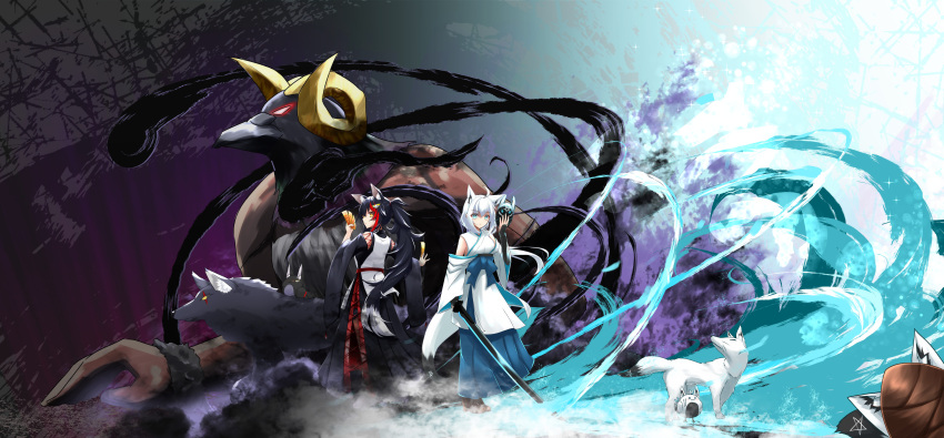 2girls, absurdres, animal_ears, arm_guards, bangs, black_hair, blue_hakama, boots