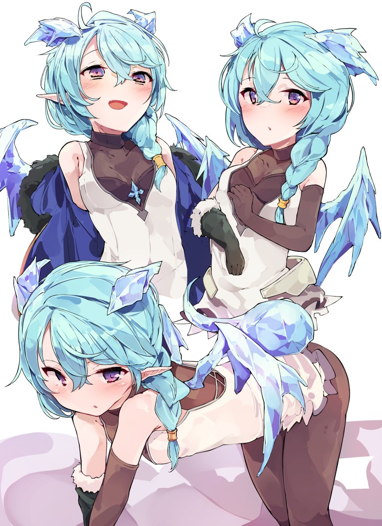 1girl, all_fours, ass, bangs, bare_shoulders, blue_hair, blush, breasts