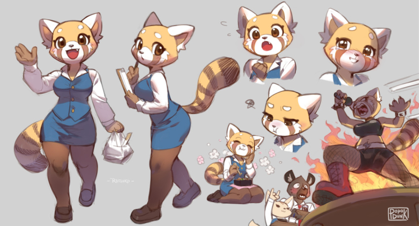 1boy, 2girls, aggressive_retsuko, bag, blush, boots, eating, fang