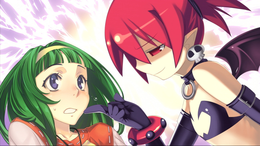 aiba_mikoto, bat_wings, blue_eyes, choker, cross_edge, disgaea, earrings, elbow_gloves