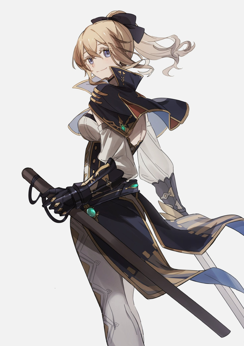 1girl, bamu_(bamu0504), bangs, black_bow, black_capelet, blonde_hair, blue_eyes, bow