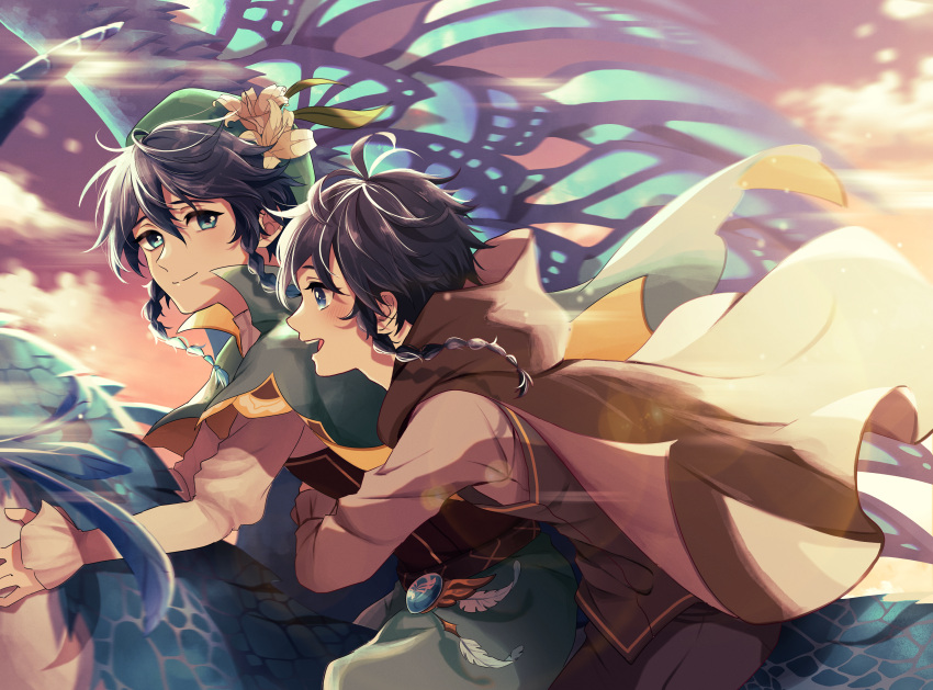 2boys, absurdres, androgynous, arms_around_waist, bangs, beret, black_hair, blue_eyes