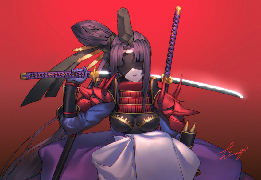 1girl, armor, black_hair, blindfold, breasts, fate/grand_order, fate_(series), hikimayu, japanese_armor, katana, kibou, kote, kurokote, kusazuri, mask_on_shoulder, medium_breasts, multicolored, purple_lips, shoulder_armor, solo, sword, ushiwakamaru_(avenger)_(fate), ushiwakamaru_(fate), weapon