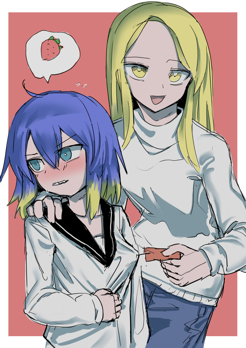 2boys, absurdres, androgynous, atouda_ako_(character), blonde_hair, blue_eyes, blue_pants, blush