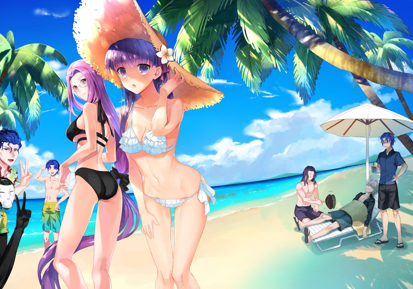 2girls, 6+boys, ahoge, beach, beach_umbrella, berserker_(fate/zero), bikini, black_bikini