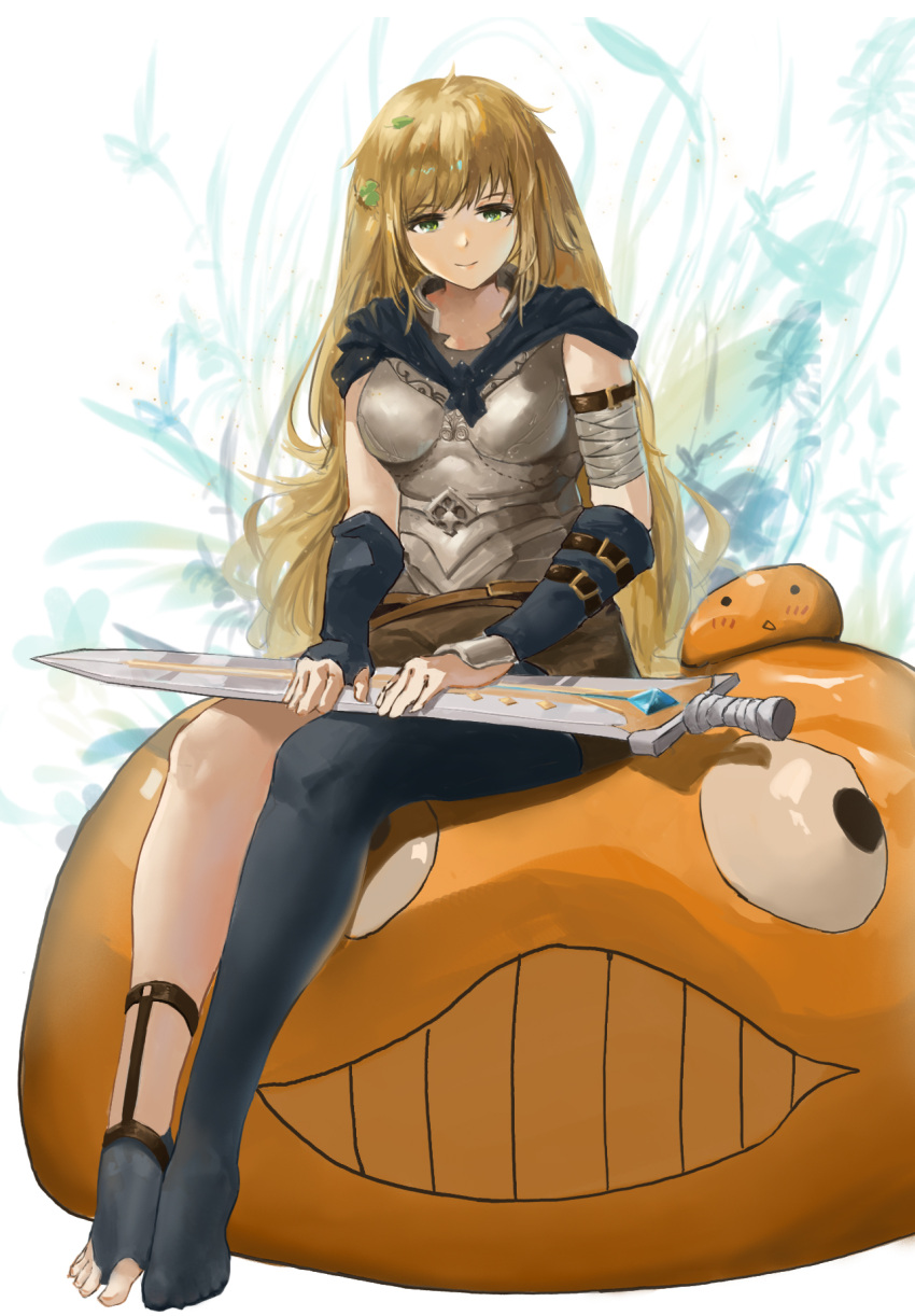 1girl, armor, bandages, bangs, blade, blonde_hair, blunt_bangs, capelet