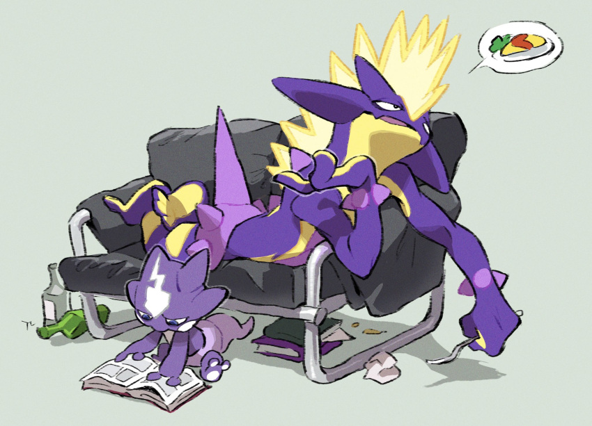 book, bottle, commentary_request, couch, fangs, gen_8_pokemon, grey_background, hand_up, hemhemhoo, highres, holding, looking_up, lying, on_stomach, parted_lips, pokemon, pokemon_(creature), reading, sitting, skin_fangs, spoken_object, toes, toxel, toxtricity, toxtricity_(amped)