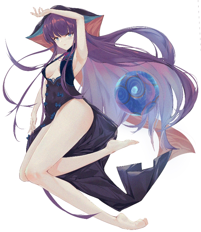 1girl, :3, armpits, bangs, bare_shoulders, barefoot, black_dress, blue_eyes, blunt_bangs, breasts, center_opening, china_dress, chinese_clothes, dress, eyelashes, fate/grand_order, fate_(series), hand_up, hime_cut, jitome, katachi_noboru_nishikino, light_smile, long_hair, medium_breasts, purple_hair, side_slit, sidelocks, simple_background, smile, solo, thick_thighs, thighs, toe_scrunch, under_boob, very_long_hair, white_background, yang_guifei_(fate)