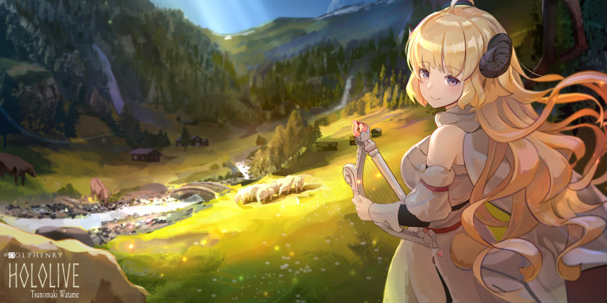 1girl, ahoge, arm_warmers, artist_name, blonde_hair, blue_sky, blurry, breasts