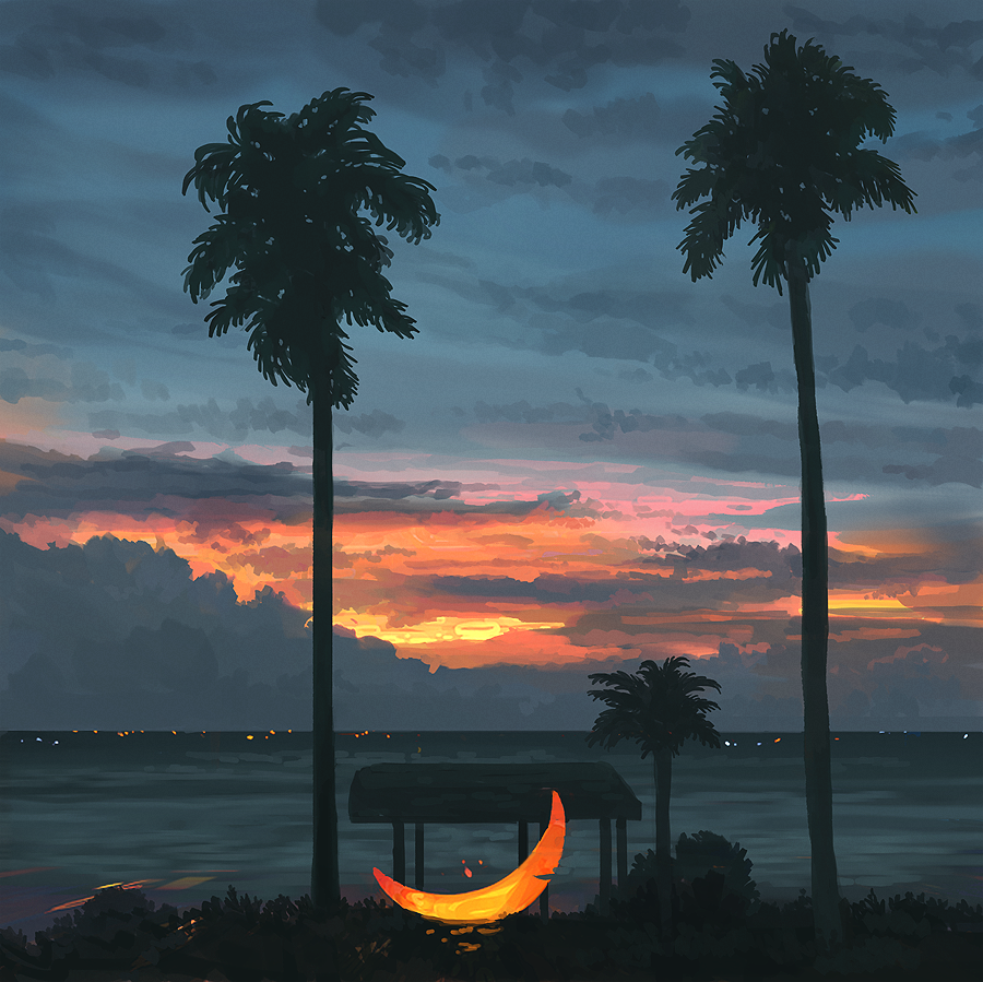 clouds, crescent_moon, denis_istomin, moon, ocean, original, palm_tree, scenery