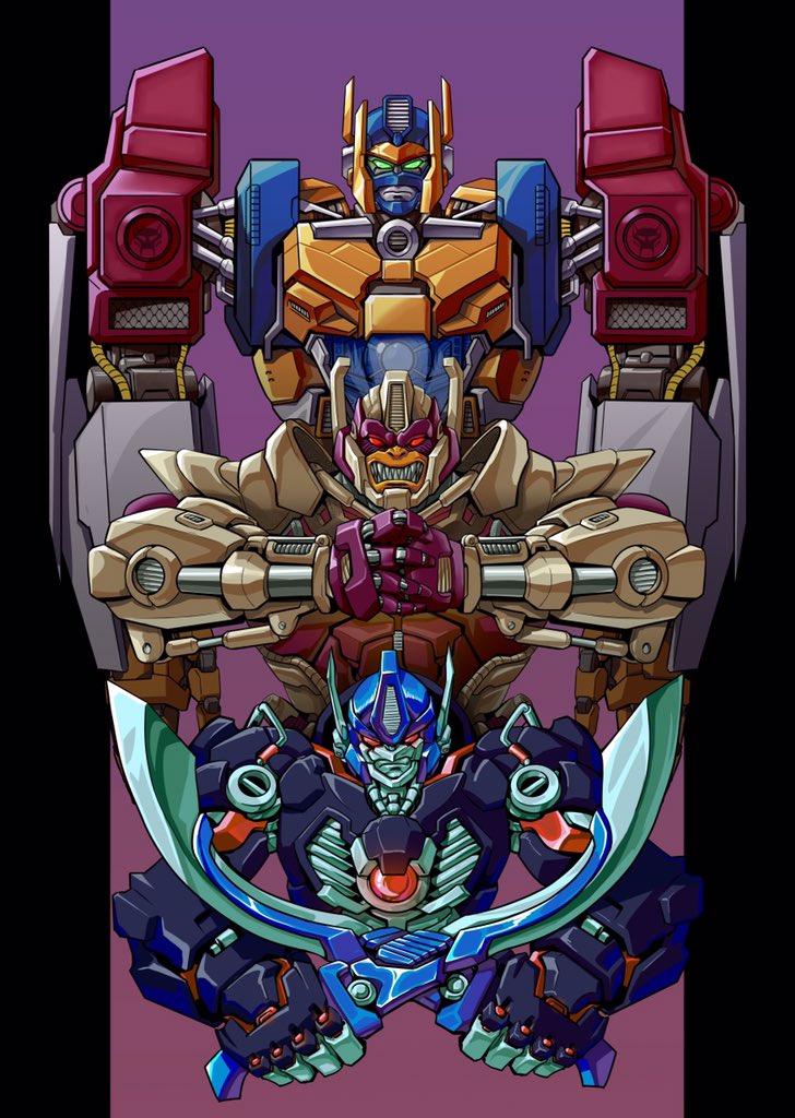 3boys, beast_machines, beast_wars, clenched_teeth, ct990413, dual_wielding, evolution, hands_together, holding, holding_sword, holding_weapon, looking_down, looking_to_the_side, maximal, mecha, multiple_boys, no_humans, open_hands, optimal_optimus, optimus_primal, orange_eyes, red_eyes, science_fiction, sword, teeth, transformers, weapon, yellow_eyes