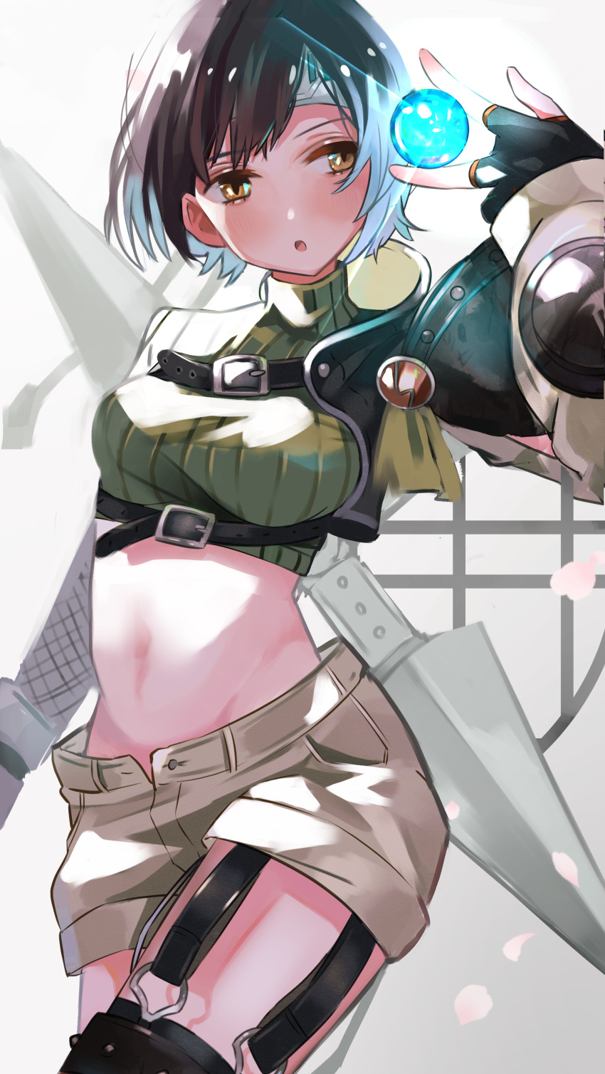 1girl, absurdres, asymmetrical_clothes, between_fingers, black_hair, brown_eyes, chil0107, cowboy_shot