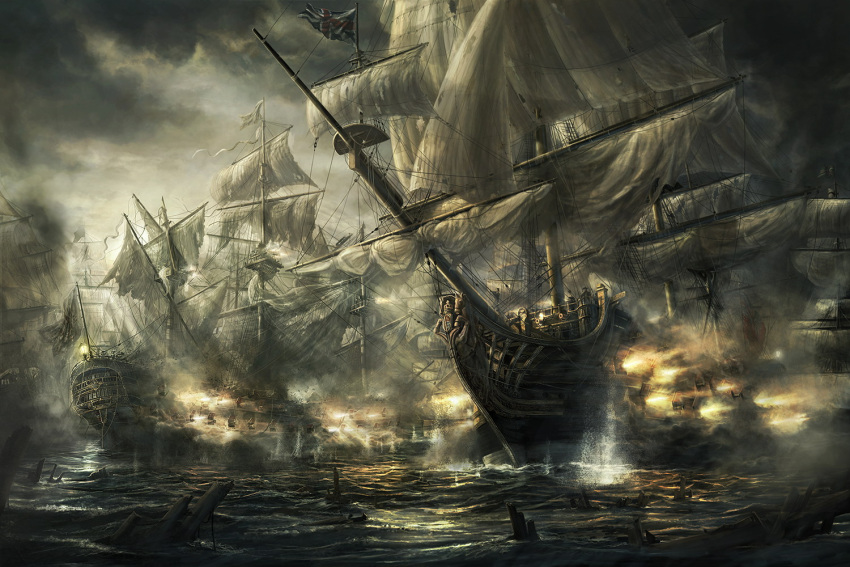 battleship, cannon, cloud, clouds, empire:_total_war, epic, flag, highres
