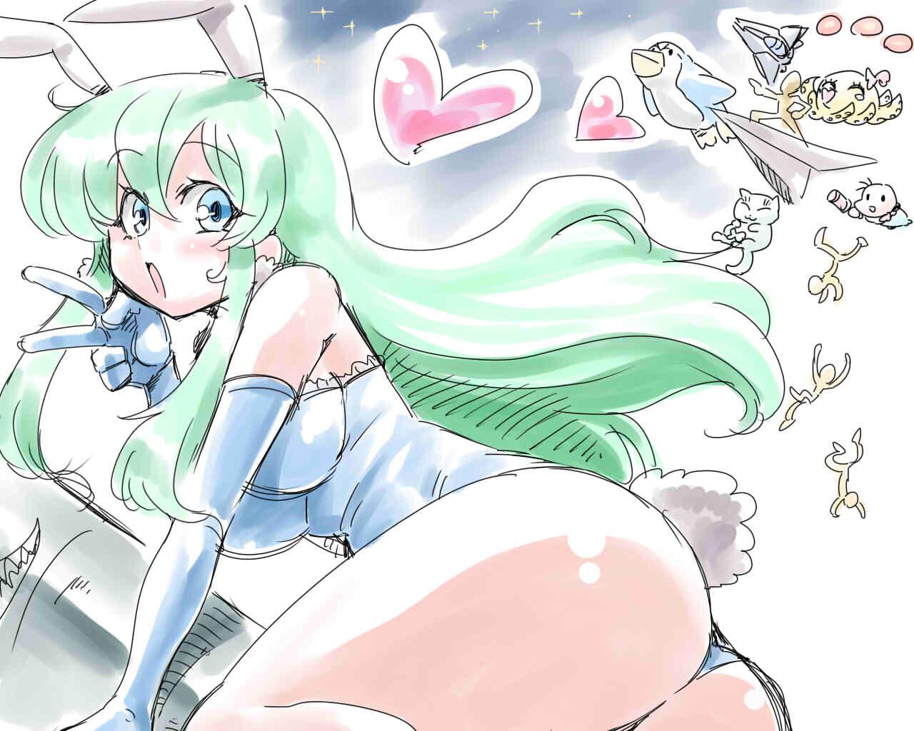 1girl, animal_ears, ass, blue_leotard, breasts, bunny_tail, elbow_gloves, gloves