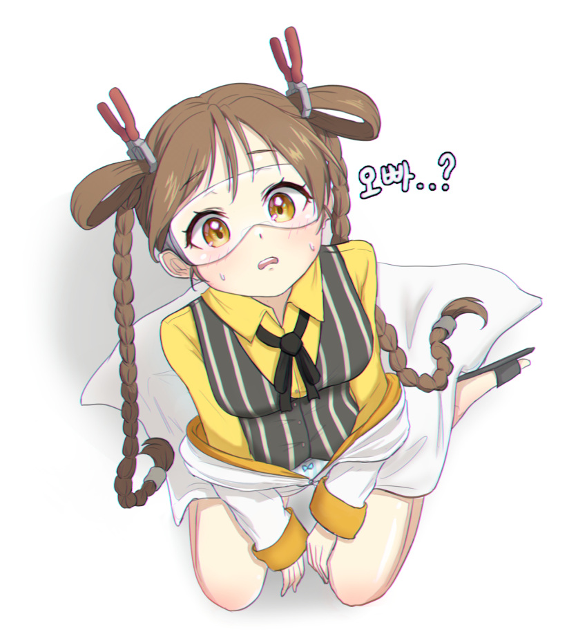 1girl, ae_(namg3888), blush, braid, brown_eyes, brown_hair, chromatic_aberration, doctor_(last_origin), from_below, full_body, goggles, hair_pliers, highres, korean_text, last_origin, long_hair, looking_at_viewer, looking_up, pliers, safety_glasses, sandals, shirt, simple_background, sitting, solo, sweatdrop, twin_braids, very_long_hair, wariza, white_background, yellow_shirt