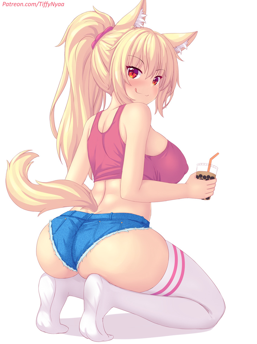 1girl, :p, animal_ear_fluff, animal_ears, ass, bangs, blonde_hair, blush, breasts, cat_ears, cat_tail, commentary, cutoffs, denim, denim_shorts, english_commentary, eyebrows_visible_through_hair, from_behind, highres, kneeling, large_breasts, long_hair, looking_at_viewer, nottytiffy, original, ponytail, red_eyes, short_shorts, shorts, slit_pupils, smile, solo, tail, tank_top, thigh-highs, tiffy_(nottytiffy), tongue, tongue_out, watermark, web_address, white_background, white_legwear
