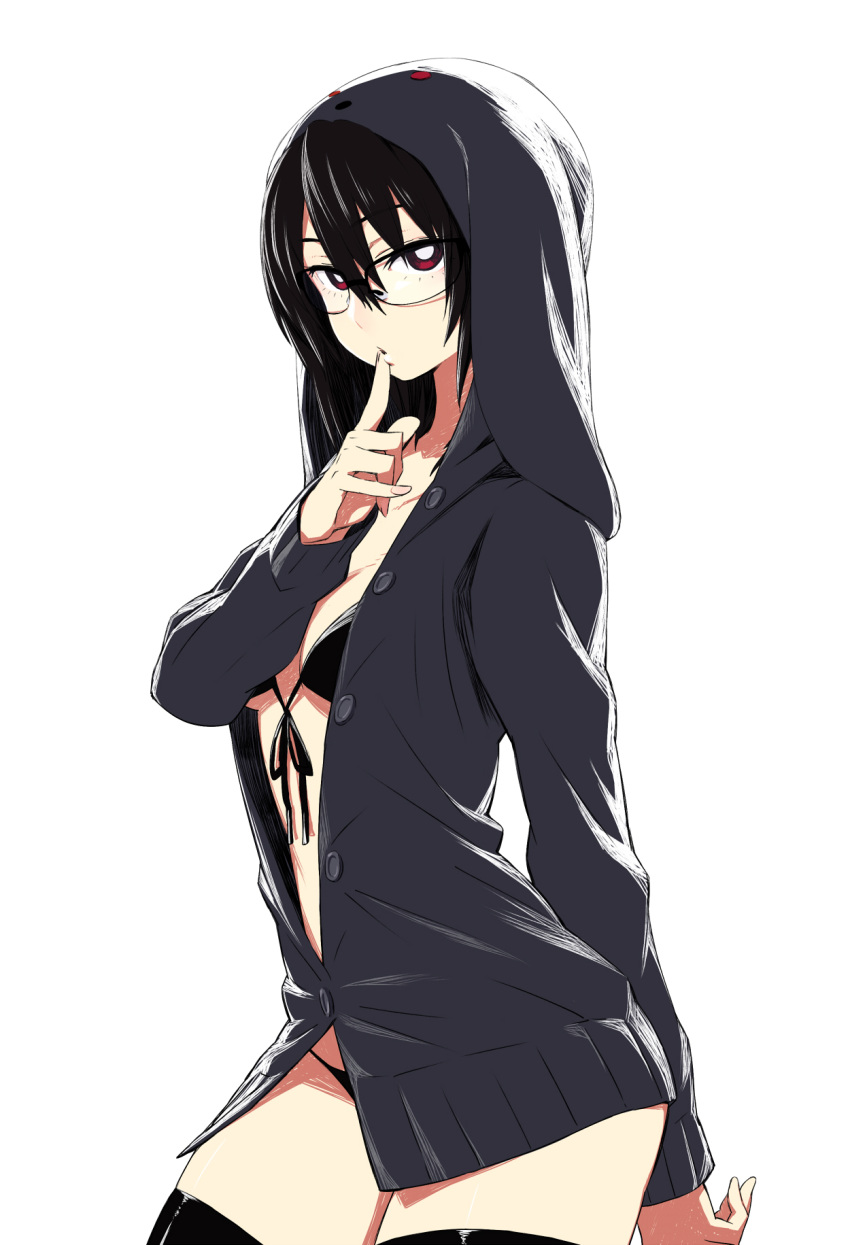 black_hair, black_legwear, black_thighhighs, bottomless, breasts, chan_co, darth_wooser, finger_to_mouth