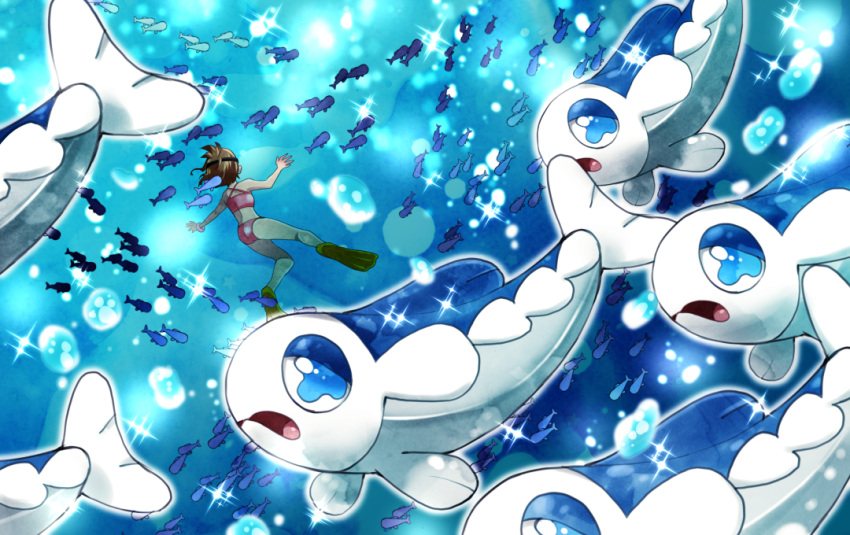 1girl, air_bubble, bikini, blue_eyes, brown_hair, bubble, flippers, gen_7_pokemon