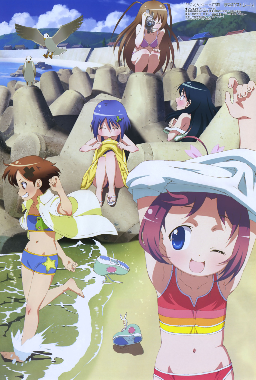2000s_(style), 5girls, absurdres, amamiya_manami, beach, bikini, bird, breast_hold