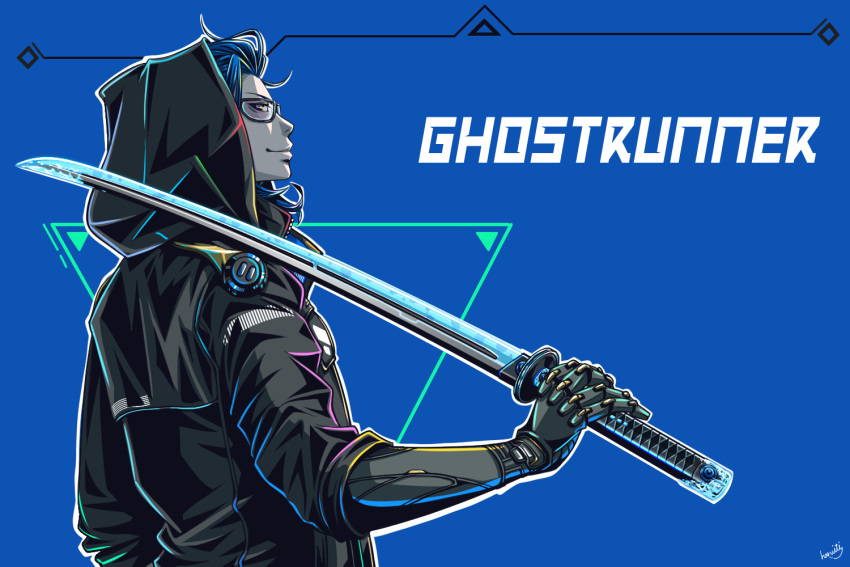 1boy, 2bro., anija_(2bro.), blue_background, blue_hair, colored_skin, copyright_name, ghostrunner, glasses, grey_skin, haruiti_2, holding, holding_sword, holding_weapon, hood, katana, male_focus, mechanical_arms, single_mechanical_arm, solo, standing, sword, upper_body, weapon
