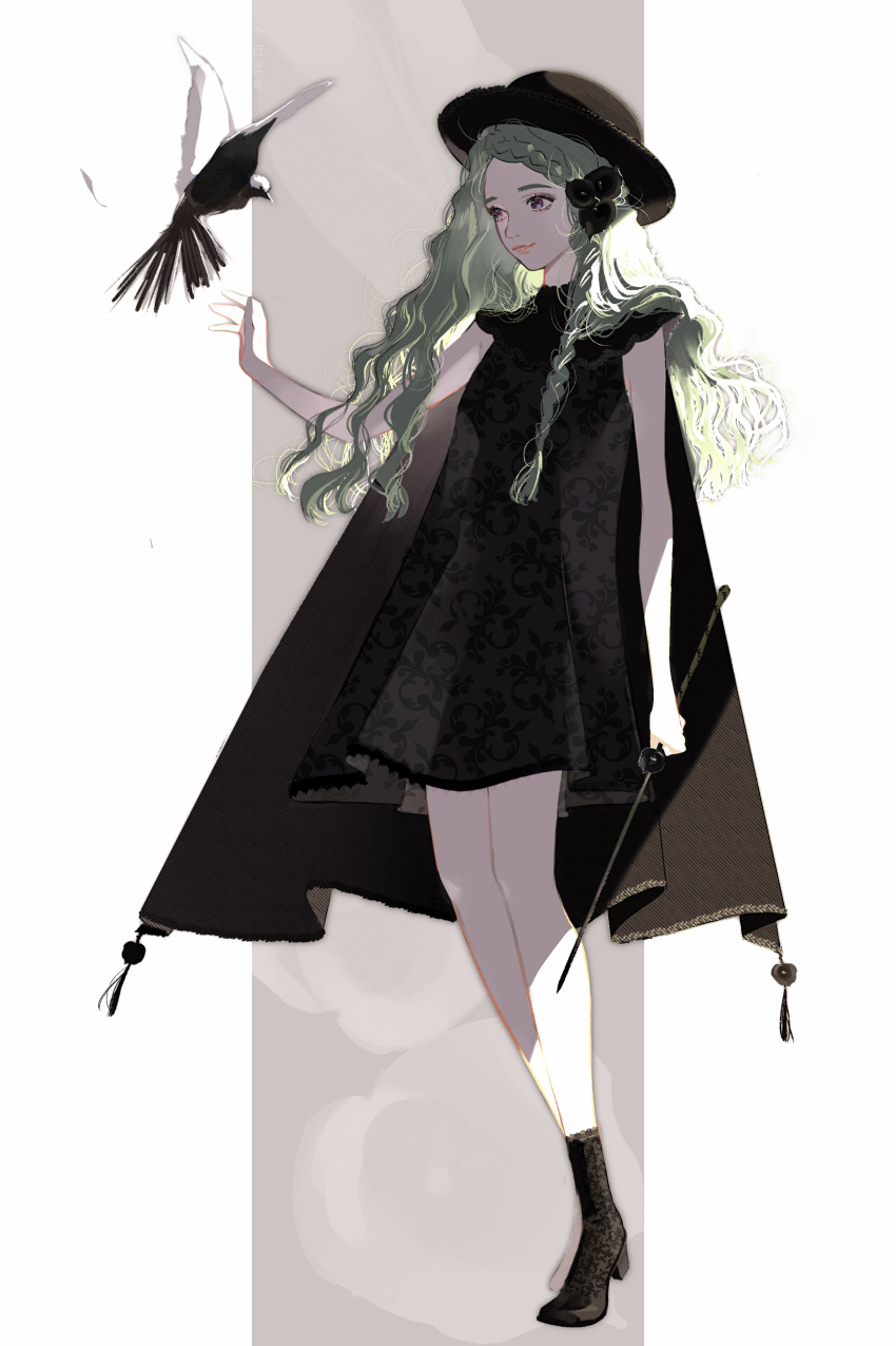 1girl, absurdres, bird, black_dress, black_footwear, black_headwear, braid, dress