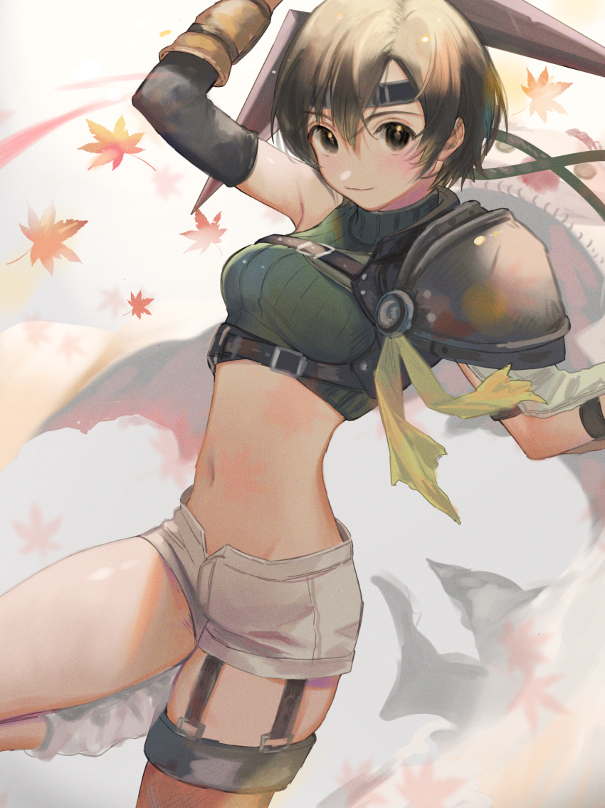 absurdres, arm_up, armor, armpits, bangs, bare_shoulders, black_gloves, brown_eyes, brown_gloves, brown_hair, cape, commentary, cowboy_shot, crop_top, cropped_sweater, elbow_gloves, final_fantasy, final_fantasy_vii, final_fantasy_vii_remake, fishnets, fujie-yz, gloves, green_sweater, hair_between_eyes, hair_strand, headband, highres, holding, holding_weapon, huge_filesize, huge_weapon, leaf, leg_up, light_blush, light_smile, looking_at_viewer, loose_socks, maple_leaf, midriff, moogle, navel, open_fly, outstretched_arm, ribbed_sweater, short_hair, short_shorts, shorts, shuriken, sleeveless, sleeveless_sweater, sleeveless_turtleneck, sweater, tattered_cape, turtleneck, turtleneck_sweater, weapon, white_background, white_legwear, white_shorts, wind, yuffie_kisaragi