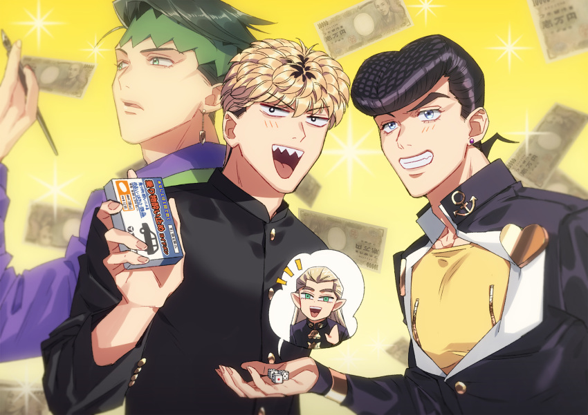 4boys, :d, anchor_symbol, black_hair, black_jacket, blonde_hair, blurry, commentary_request