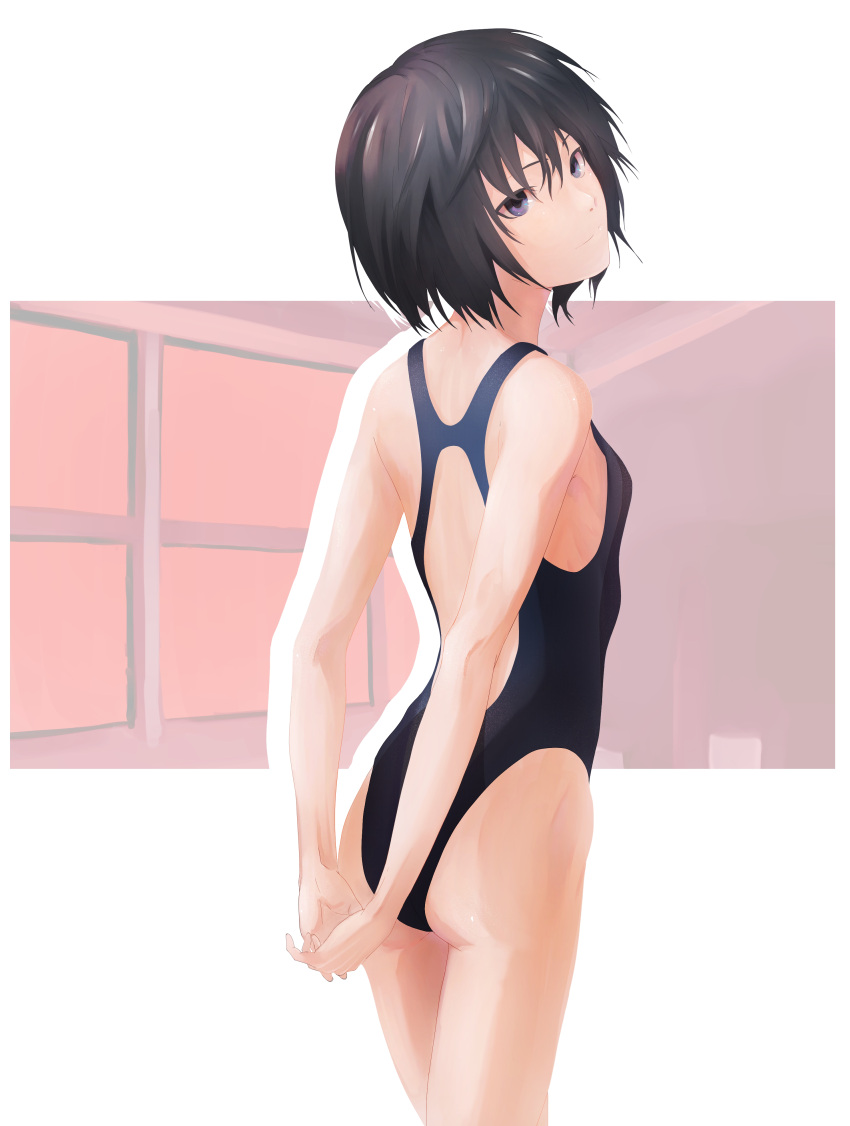 1girl, absurdres, amagami, arms_behind_back, ass, back_cutout, bangs, bkhayatej, black_hair, black_swimsuit, blue_eyes, blue_swimsuit, breasts, closed_eyes, clothing_cutout, commentary, competition_swimsuit, cowboy_shot, eyebrows, eyebrows_behind_hair, from_behind, hair_between_eyes, highleg, highleg_swimsuit, highres, looking_at_viewer, messy_hair, nanasaki_ai, one-piece_swimsuit, outside_border, short_hair, small_breasts, smile, standing, swimsuit, thighs, two-tone_swimsuit, window