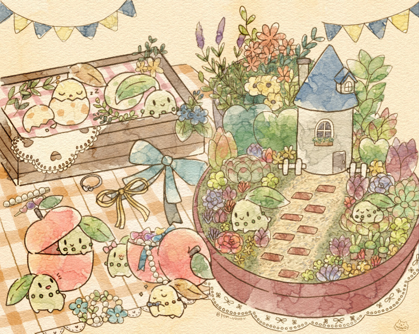 :>, alternate_color, artist_name, brick_road, chibi, chikorita, chimney, clothing_cutout