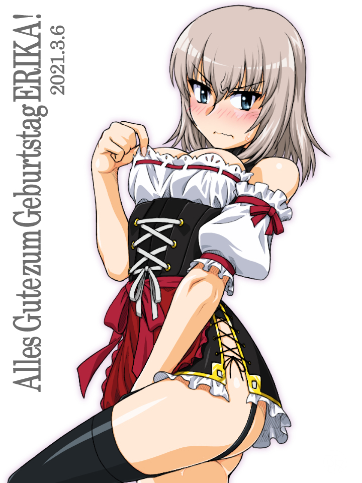 1girl, alternate_costume, apron, bangs, birthday, black_legwear, blue_eyes, blush