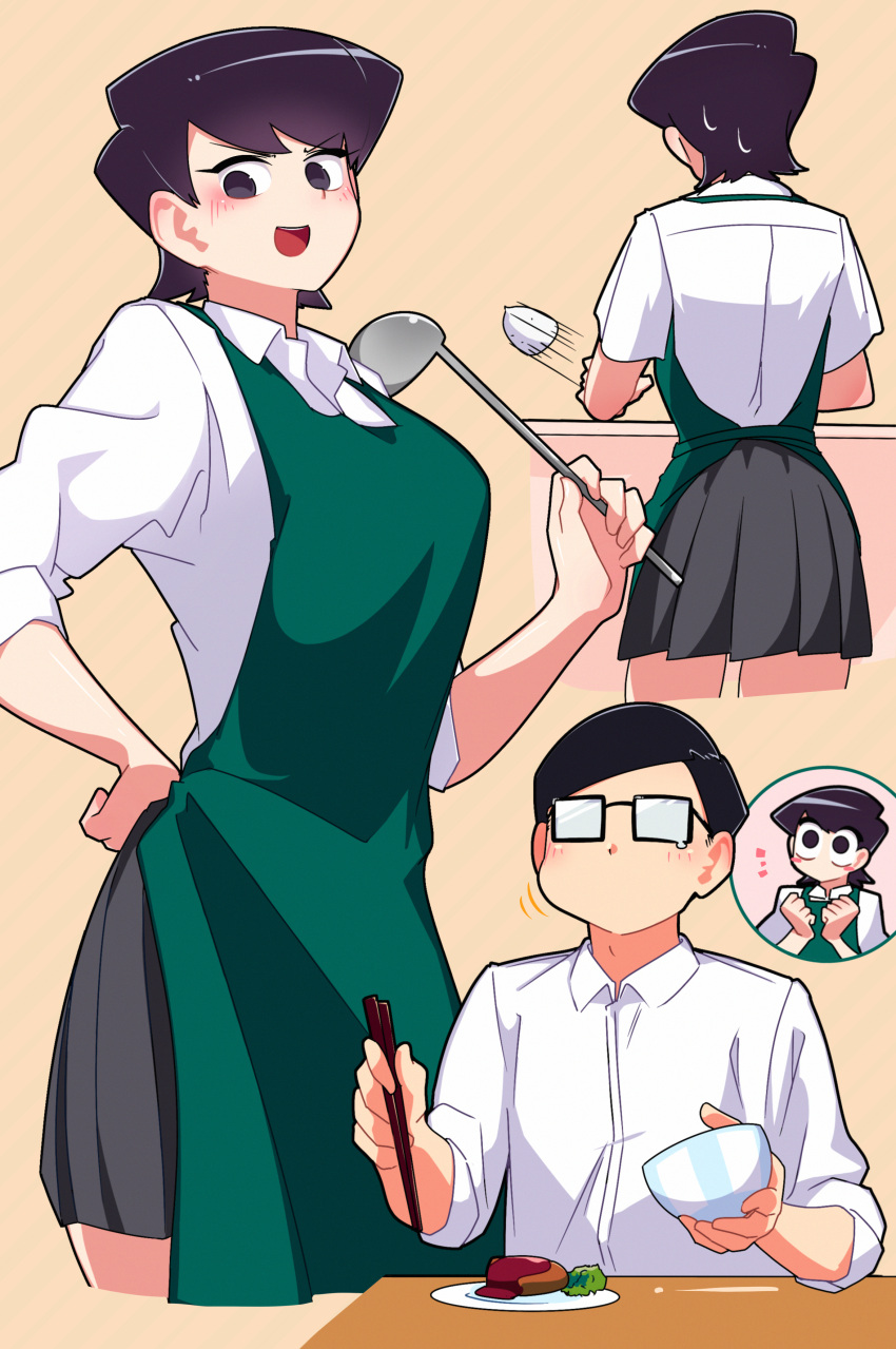 1boy, 1girl, absurdres, apron, big_eyes, black_hair, blush, breasts