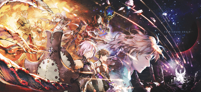 ahoge, armor, armored_dress, breasts, closed_eyes, cu_chulainn_(fate)_(all), cu_chulainn_alter_(fate/grand_order), demon_pillar_(fate), dress, fate/grand_order, fate_(series), flag, fujimaru_ritsuka_(male), gilgamesh, holding, holding_flag, holding_spear, holding_weapon, jeanne_d'arc_(fate), jeanne_d'arc_(fate)_(all), leonardo_da_vinci_(fate), mash_kyrielight, meteor, multiple_boys, multiple_girls, nero_claudius_(fate), nero_claudius_(fate)_(all), polearm, purple_hair, red_dress, romani_archaman, shield, short_hair, space, spear, weapon, xiling