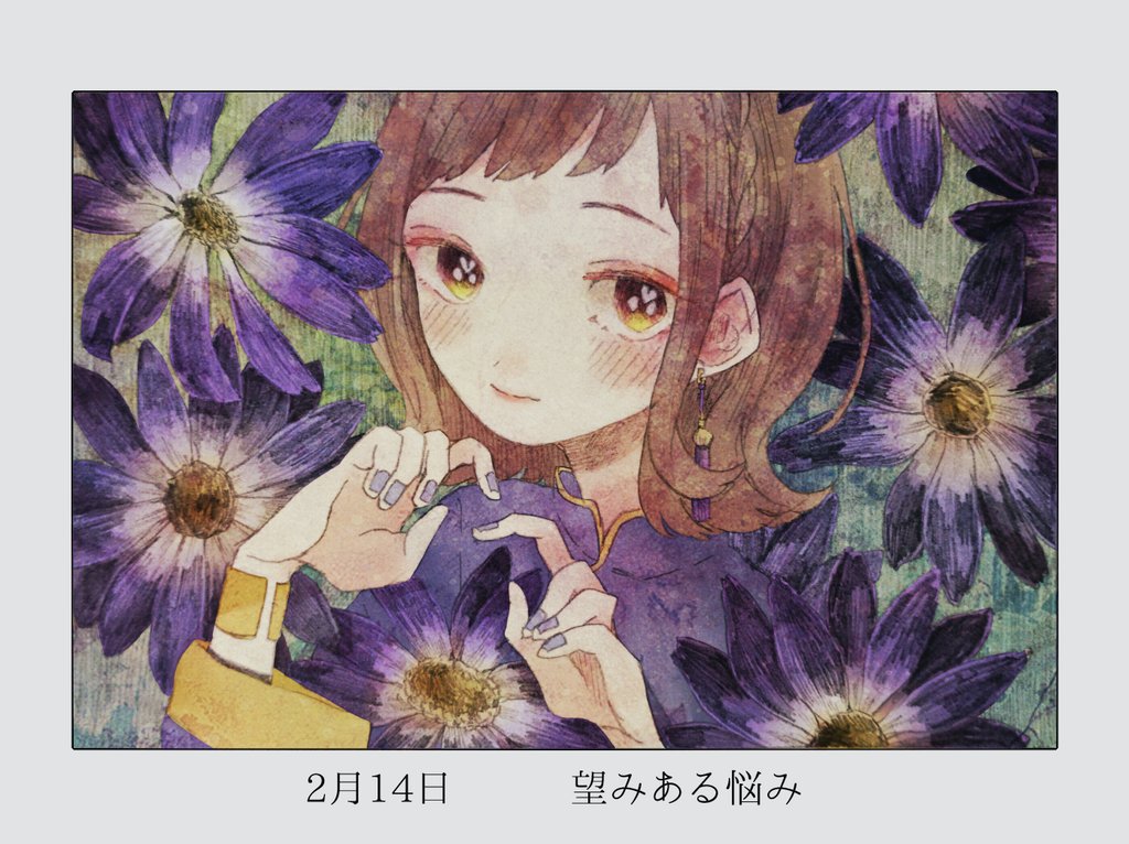 1girl, bangs, blush, border, brown_eyes, brown_hair, dated, earrings