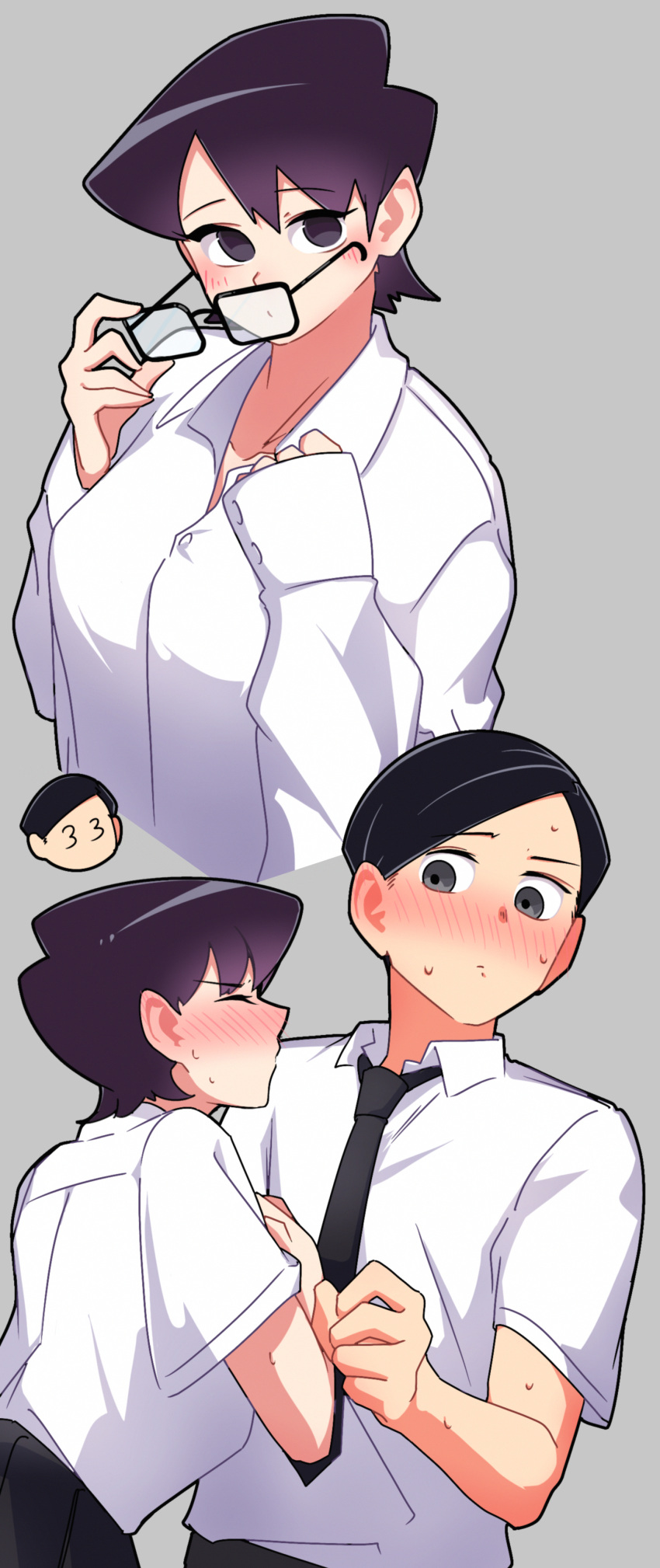 1boy, 1girl, absurdres, black_hair, blush, breasts, closed_eyes, degraded_ice