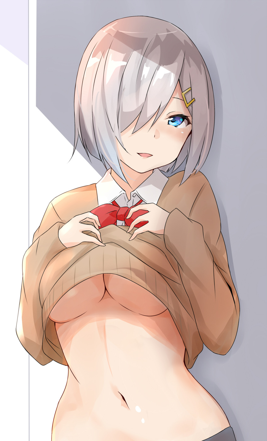 1girl, absurdres, alternate_costume, blue_eyes, blush, breasts, cardigan, cardigan_lift