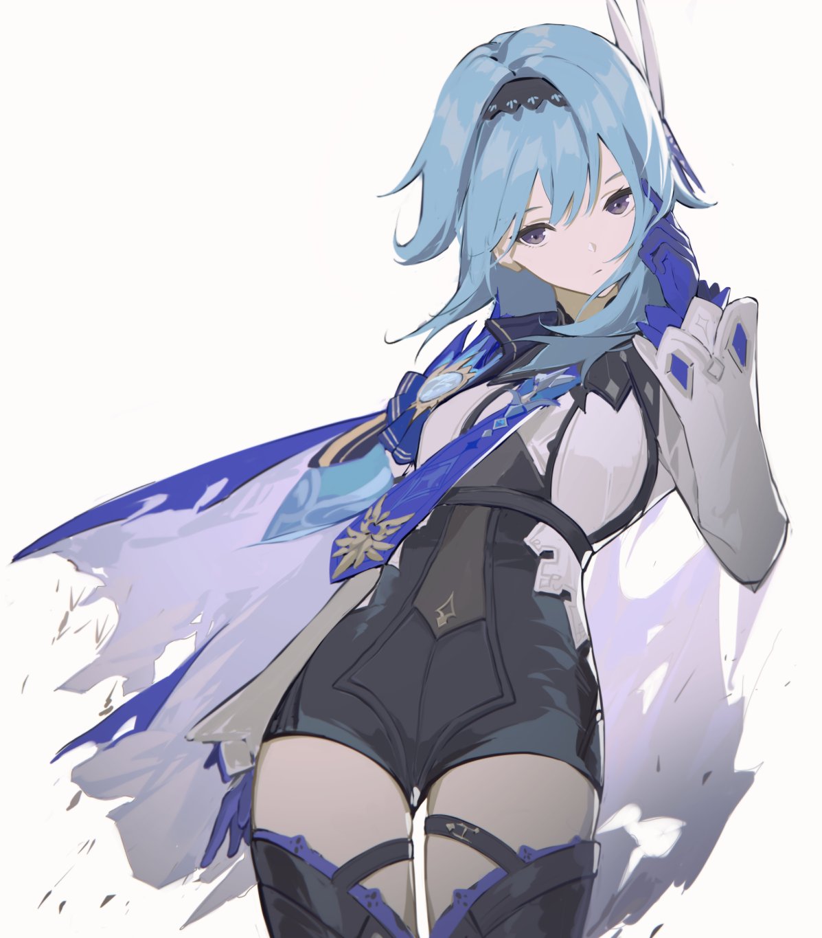1girl, aqua_hair, bangs, black_hairband, black_legwear, blue_cape, blue_gloves, blue_neckwear, cape, closed_mouth, eula_(genshin_impact), feitaru, genshin_impact, gloves, hair_between_eyes, hair_ornament, hairband, highres, long_sleeves, necktie, simple_background, solo, thigh-highs, violet_eyes, vision_(genshin_impact), white_background