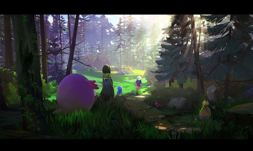 2girls, beanie, blue_hair, branch, budew, buneary, chansey, cheryl_(pokemon), dress, from_behind, gen_1_pokemon, gen_3_pokemon, gen_4_pokemon, grass, green_hair, hat, highres, hikari_(pokemon), house, leafeon, momi_(pokemon), multiple_girls, nature, pokemon, pokemon_(creature), pokemon_(game), pokemon_dppt, prinplup, renl0l, scenery, sunlight, tree, white_headwear, wurmple