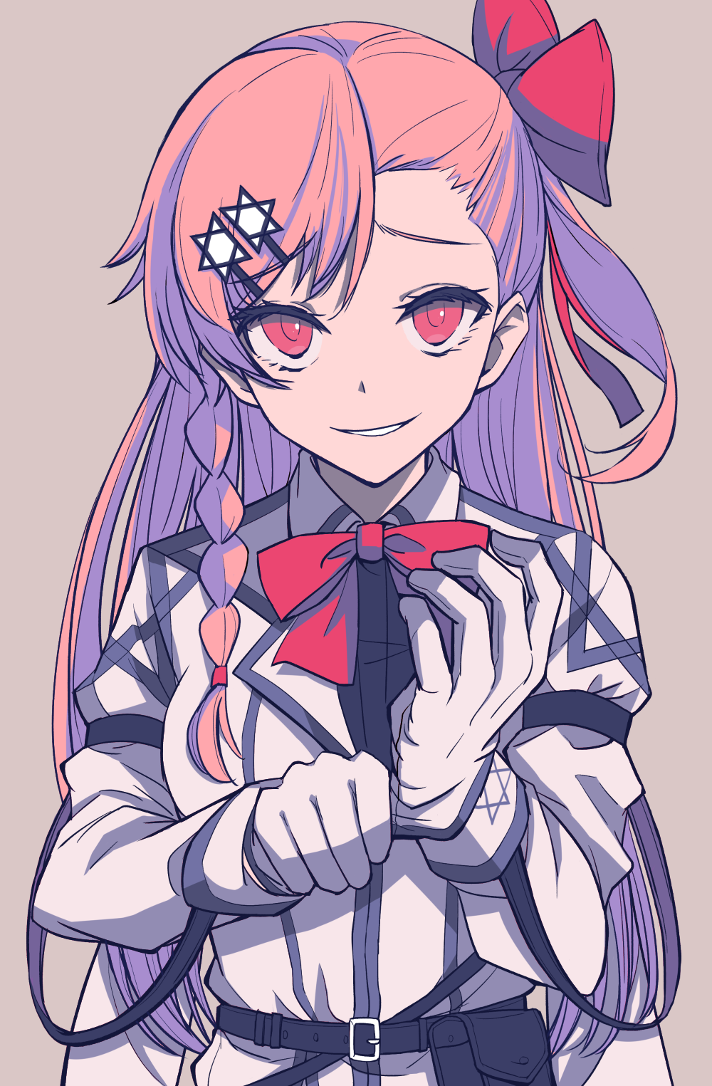 1girl, belt, black_belt, black_shirt, bow, bowtie, braid, eyebrows_visible_through_hair