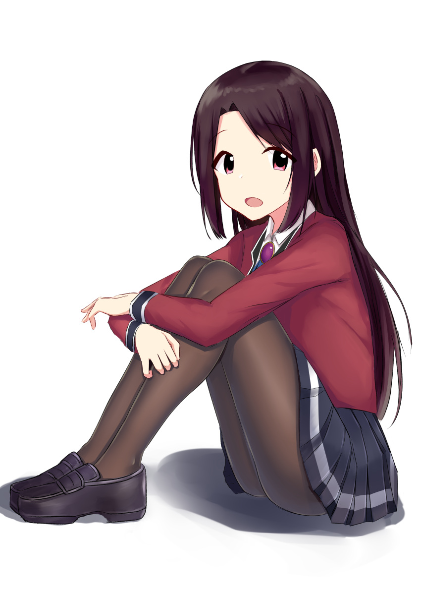 1girl, absurdres, black_legwear, brown_hair, highres, jacket, jewelry, long_hair, mia_runis, open_mouth, overidea, pantyhose, red_eyes, red_jacket, ribbon, school_uniform, tshen1998, virtual_youtuber