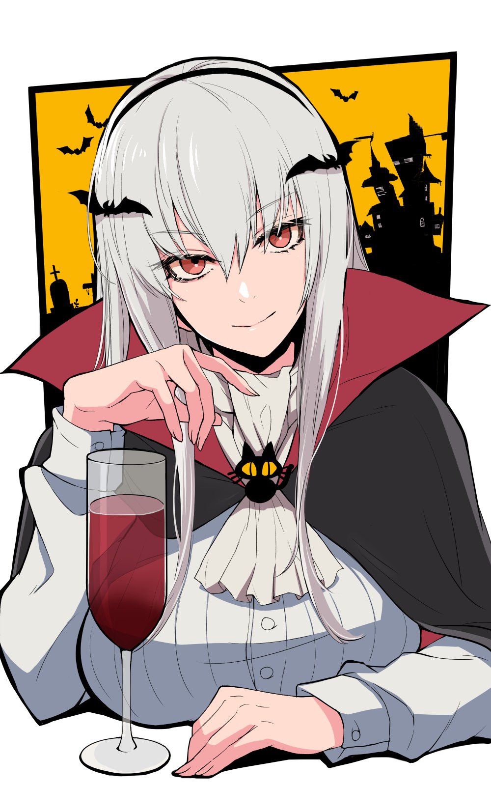 1girl, bat, black_cloak, bolt_action, breasts, capelet, cloak, closed_mouth, cosplay, cup, drinking_glass, eyebrows_visible_through_hair, girls_frontline, glass, hairband, halloween, halloween_costume, happy_halloween, highres, kar98k_(girls_frontline), large_breasts, long_hair, looking_at_viewer, red_eyes, red_wine, shirt, silver_hair, simple_background, smile, solo, vampire, vampire_costume, weapon, white_capelet, white_hair, white_shirt, wine_glass, yu_416416