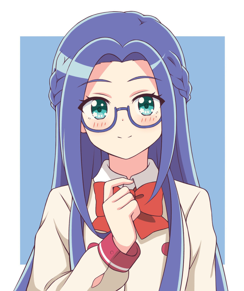 1girl, blue-framed_eyewear, blue_background, blue_hair, blush, border, bow, bowtie, braid, buttons, closed_mouth, collared_shirt, commentary, double-breasted, glasses, green_eyes, hand_up, highres, ichigo_junior_high_uniform, imai_kotoko, long_hair, long_sleeves, looking_at_viewer, mewkledreamy, mole, mole_under_eye, outside_border, red_bow, red_button, red_neckwear, school_uniform, shirt, smile, solo, star_(symbol), star_in_eye, symbol_in_eye, upper_body, white_border, white_shirt, zeta_(24904340)