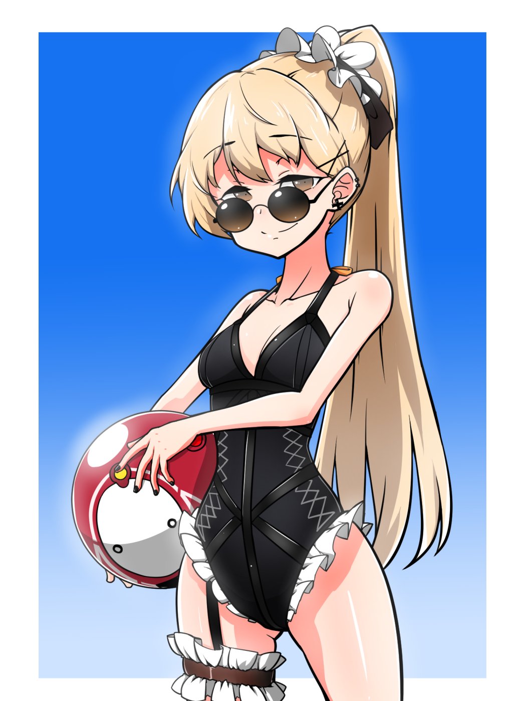 1girl, adapted_costume, alternate_hairstyle, bare_shoulders, blonde_hair, collarbone, frilled_garter, garter_straps