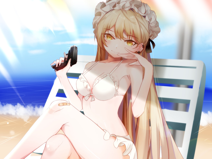1girl, alternate_costume, beach, breasts, girls_frontline, gun, handgun, kkis-i